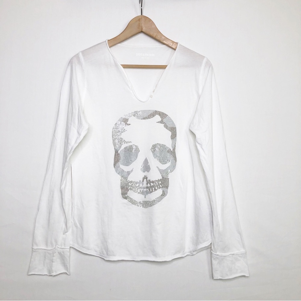 Zadig & Voltair White Long-Sleeve V-Neck Top with Silver Skull Graphic